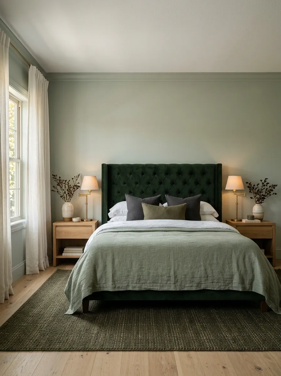 Create a Layered Green Bedroom With One Dark Anchor