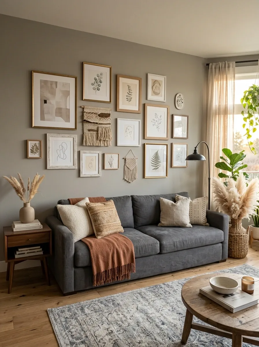 Create a Low, Layered Gallery Wall Above the Sofa