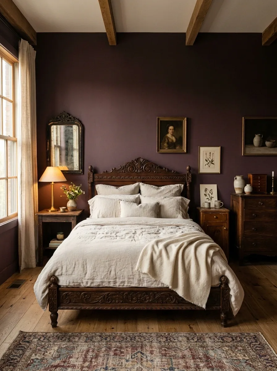 Create a Plum Bedroom With Vintage Wood Furniture