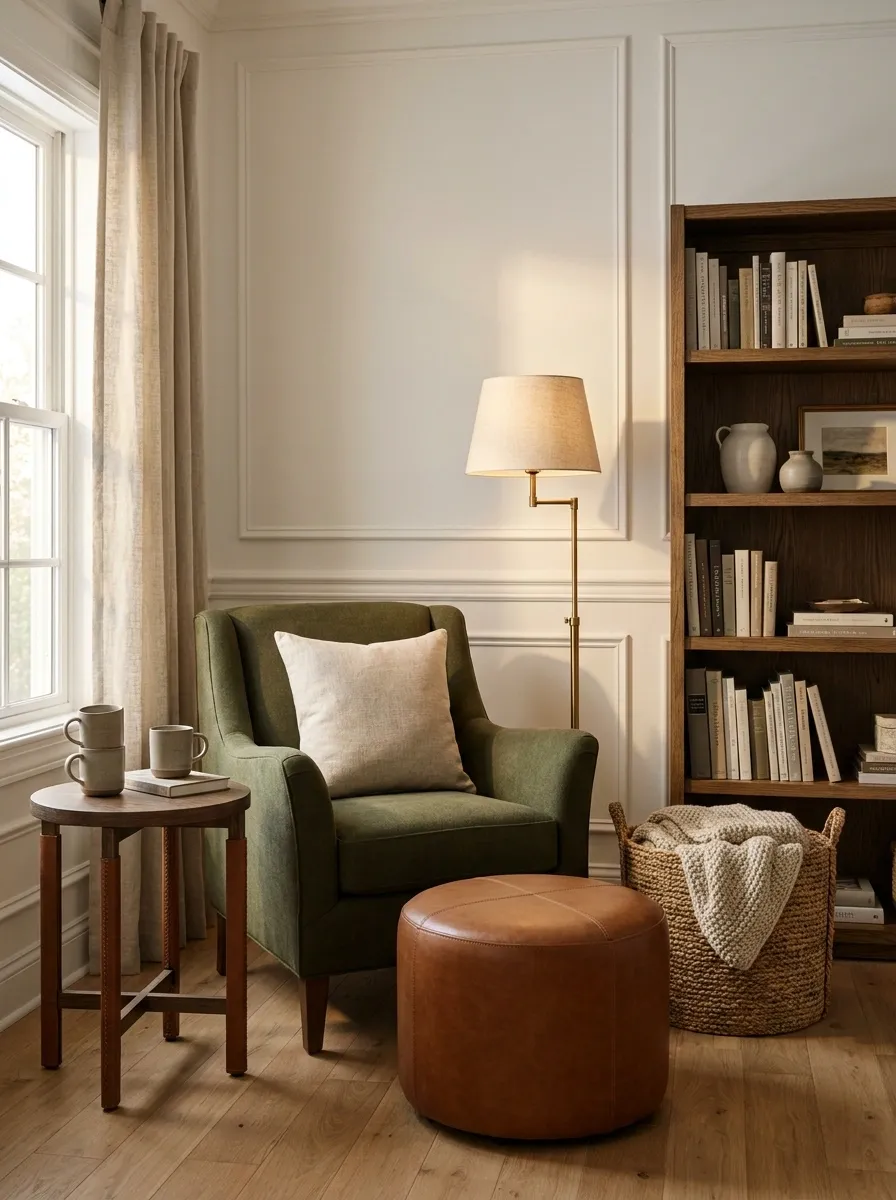 Create an Olive Green Reading Corner With Leather and Linen