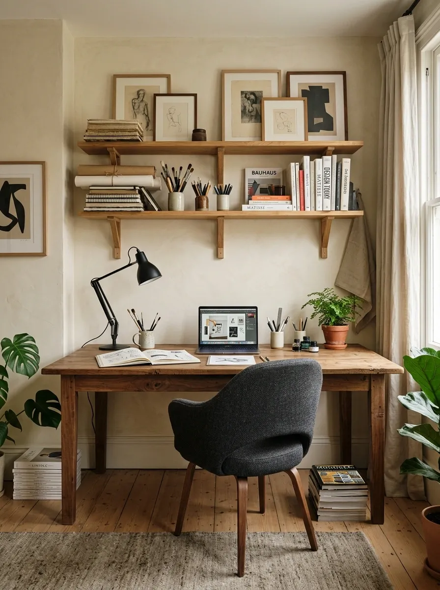 Creative Studio Desk With Open Shelving and Art Supplies