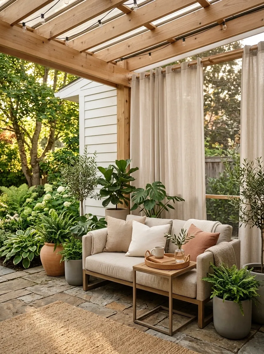 Curtain-Screened Small Covered Patio