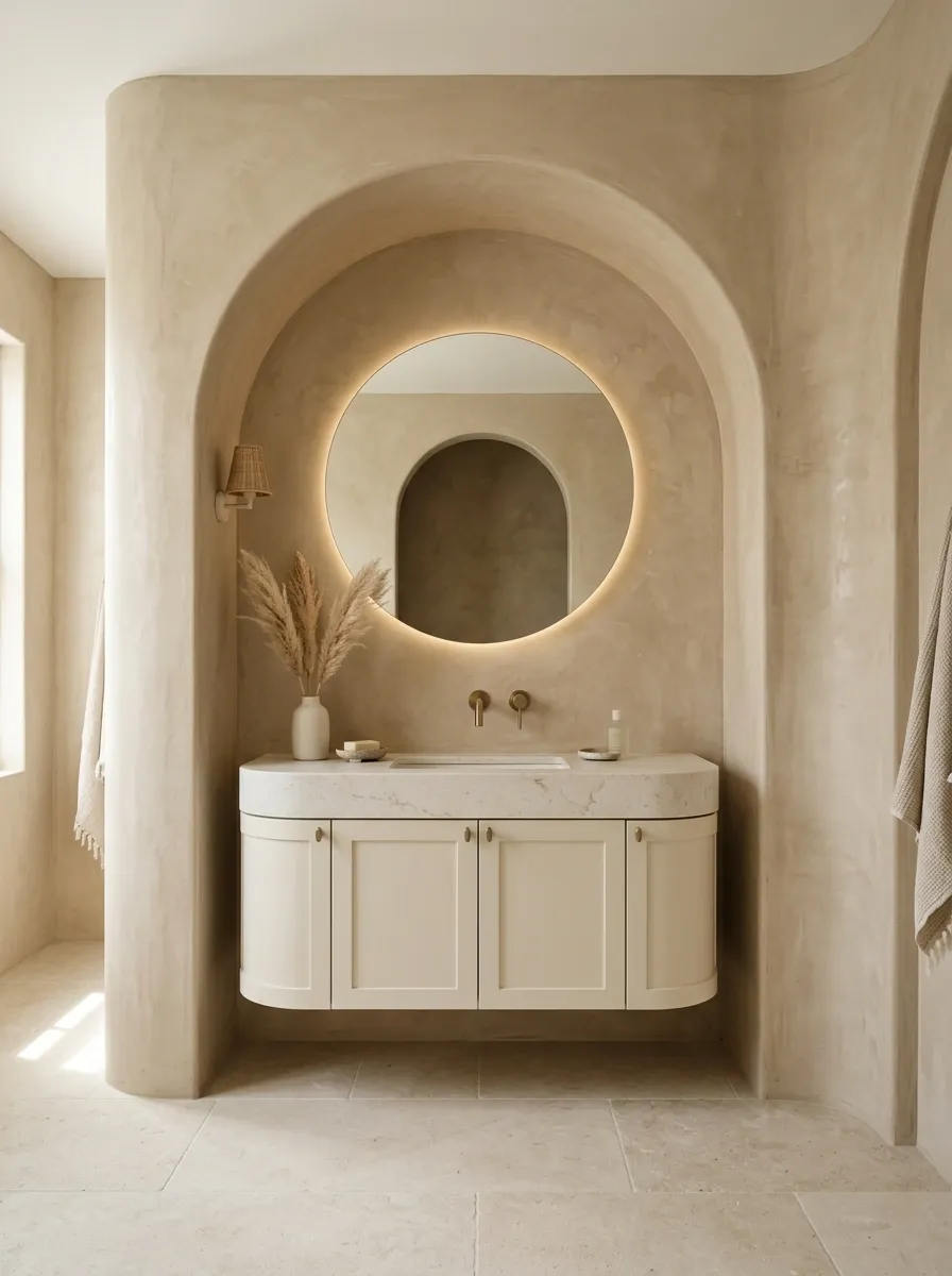 Curved Beige Bathroom With Arched Vanity and Soft Plaster