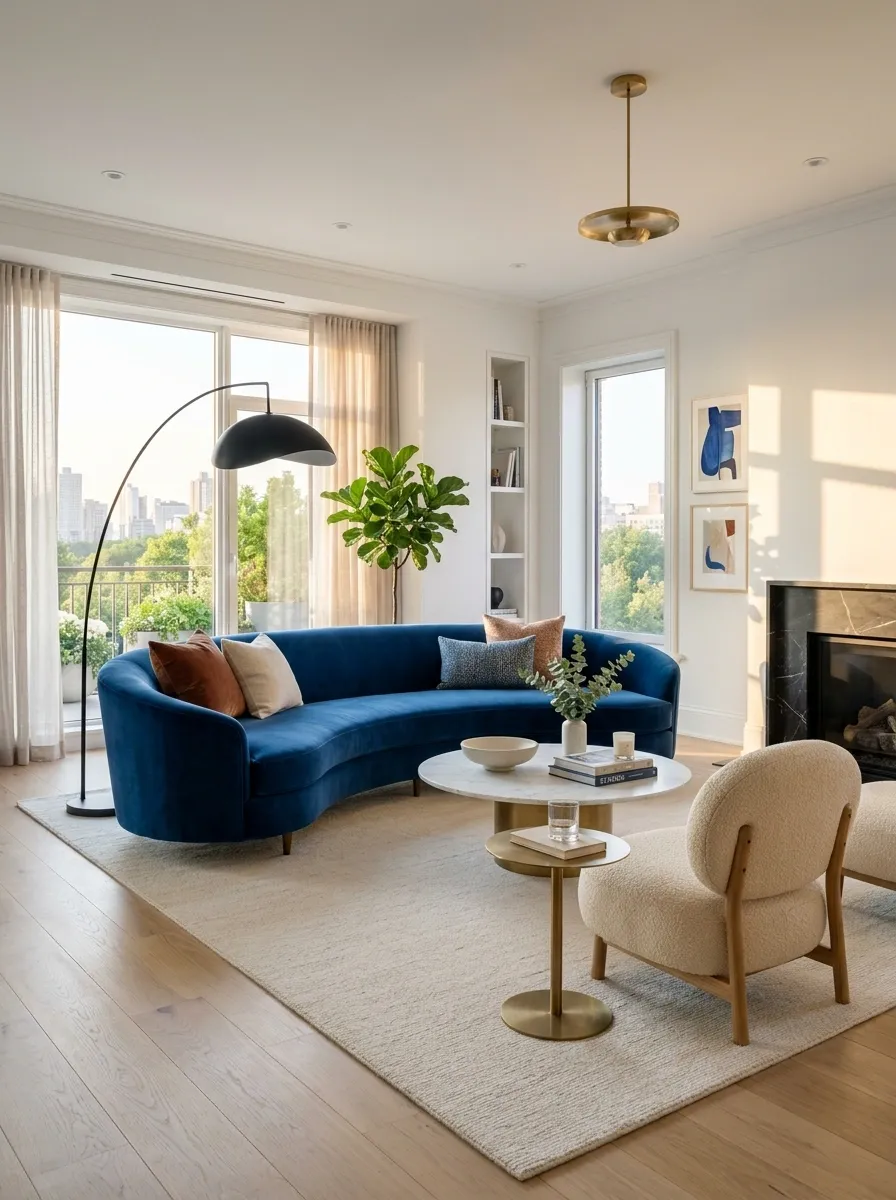 Curved Blue Sofa With Rounded Furniture