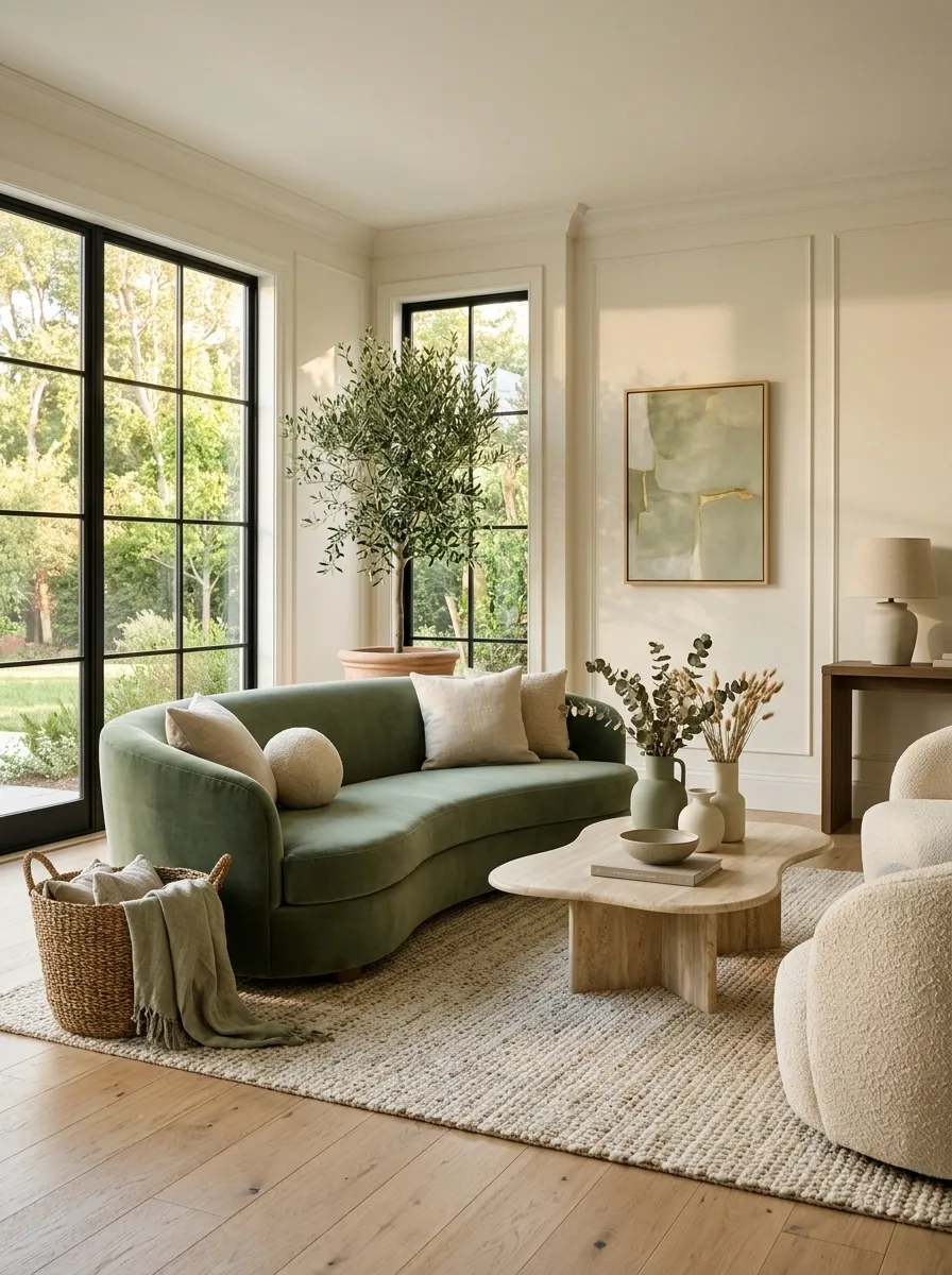 Curved Green Sofa With Creamy Transitional Layers