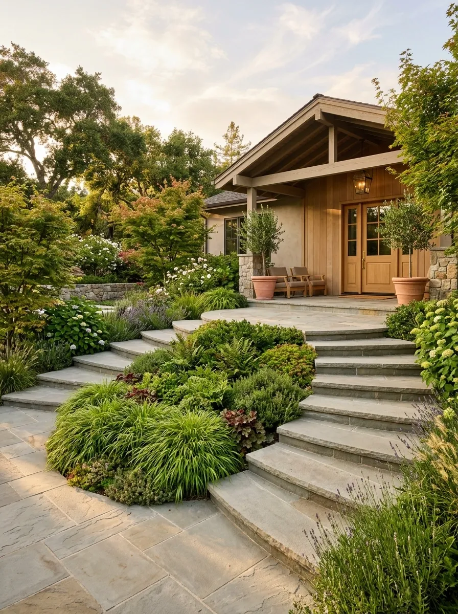 Curved Steps Wrapping Around a Planted Entry