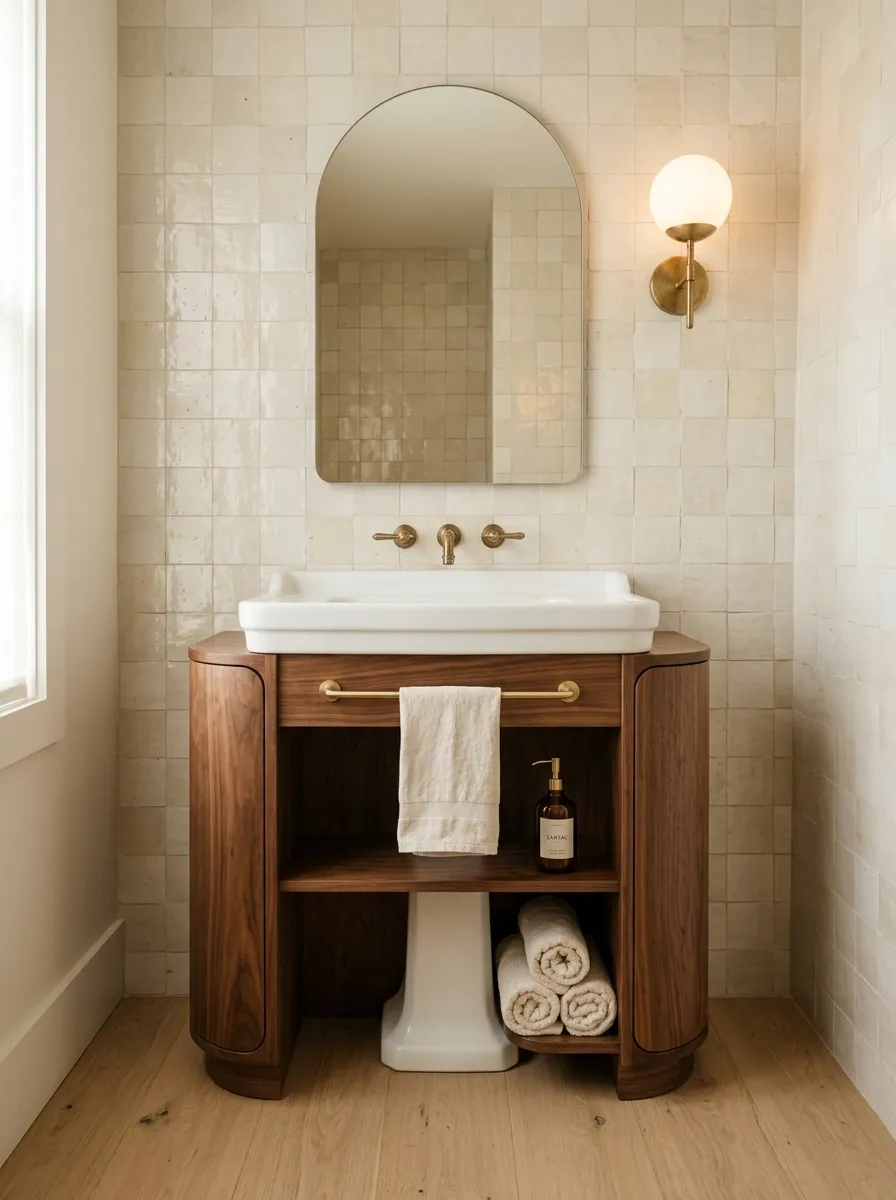 Curved Walnut Storage Wrapped Around the Pedestal