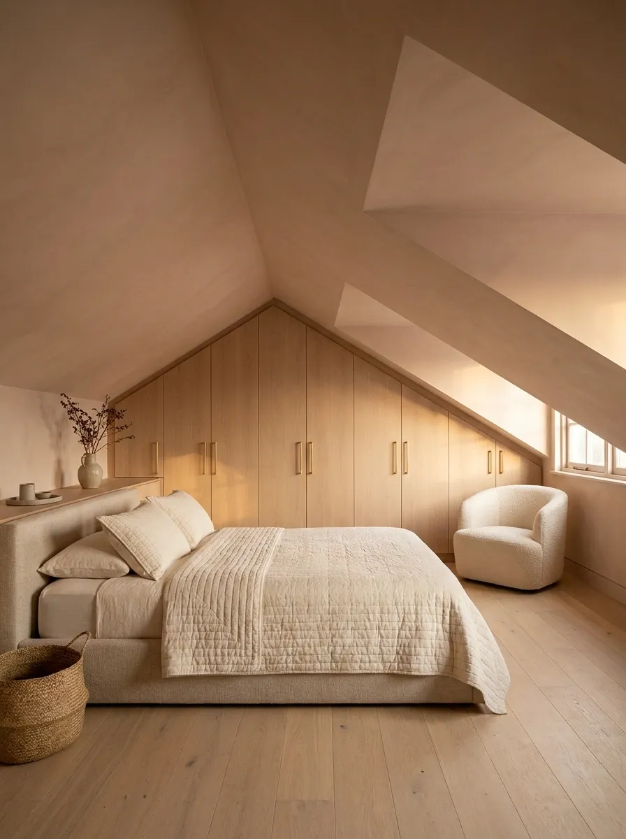 Cute Attic Bedroom With a Sloped Ceiling and Built-In Storage