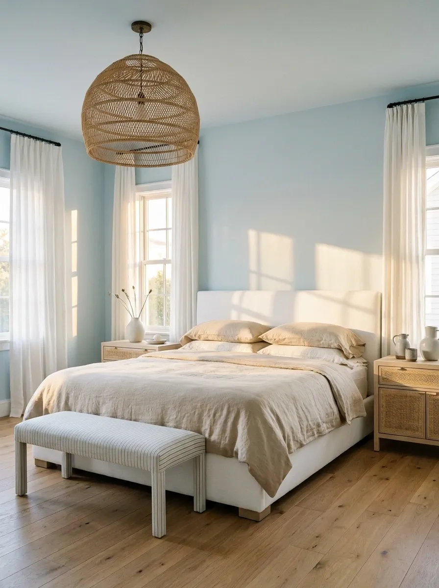 Cute Coastal Bedroom With Pale Blue, Sand, and Rattan