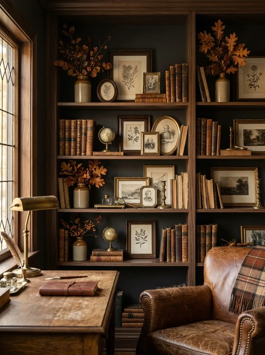 Dark Academia Fall Shelf With Leather Books and Antique Frames