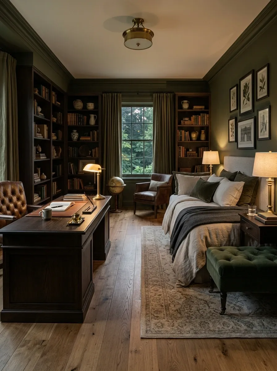 Dark Academia Guest Room With a Traditional Library Desk