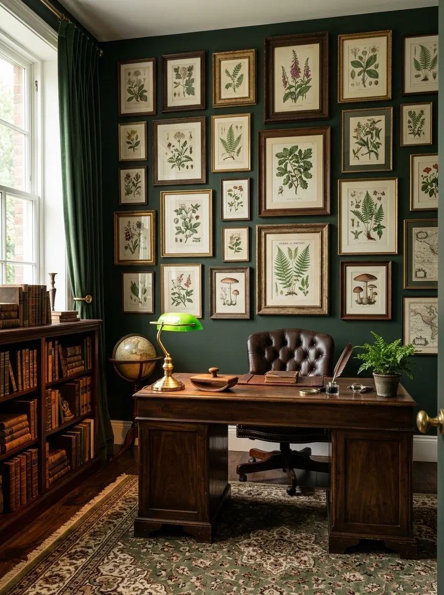 Dark Academia Office With a Gallery Wall of Botanical Prints