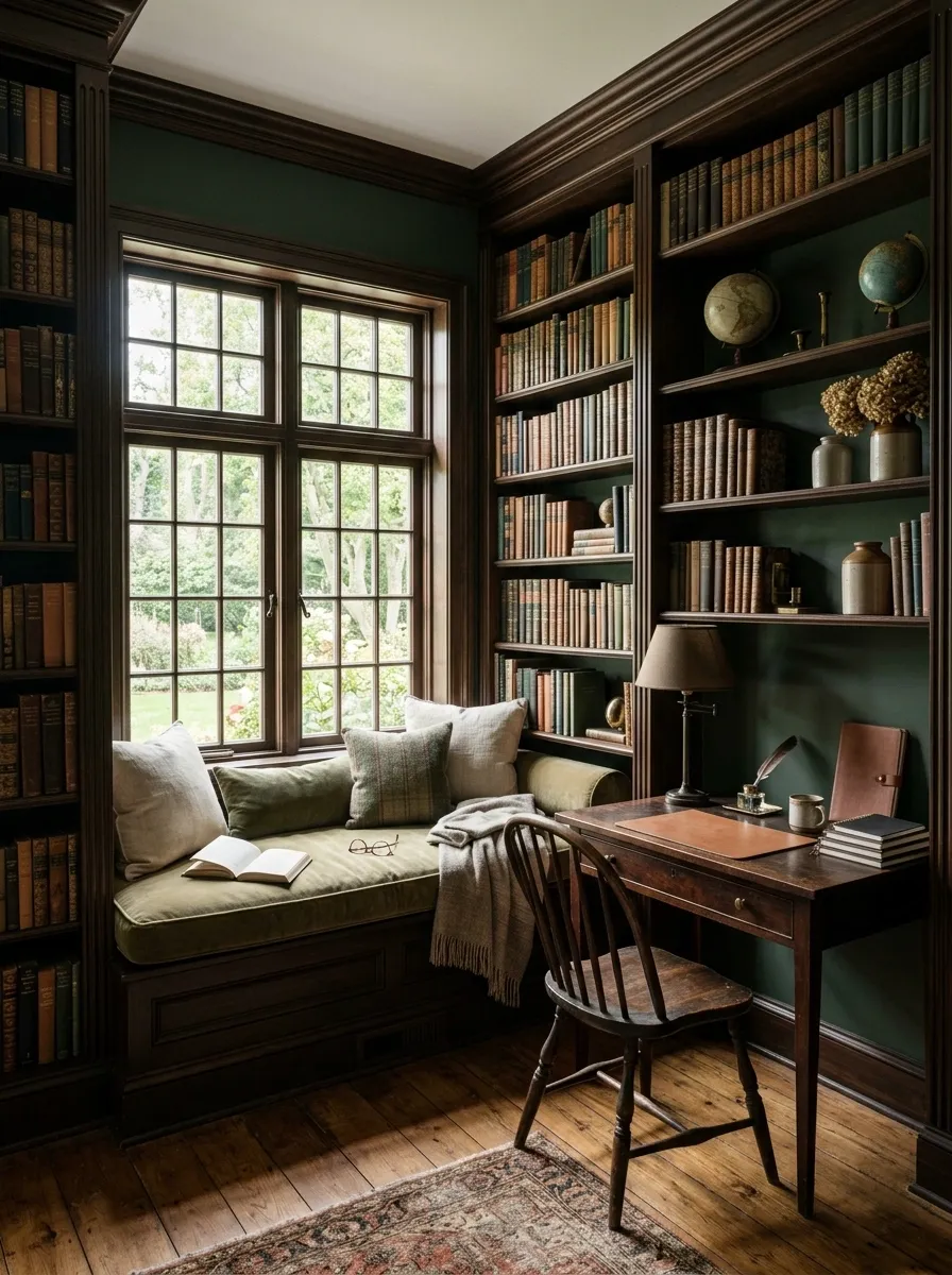 Dark Academia Office With Built-In Window Seat
