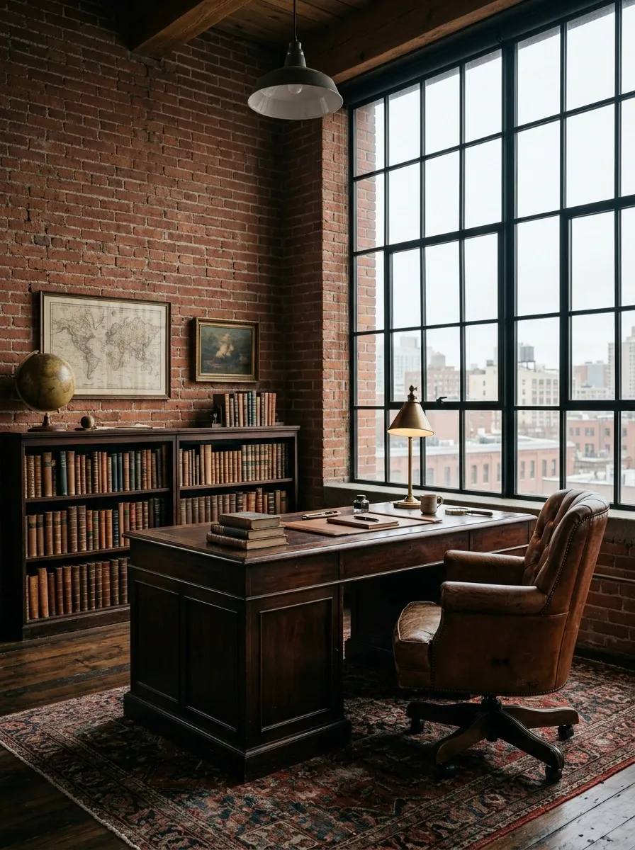 Dark Academia Office With Exposed Brick and Industrial Windows