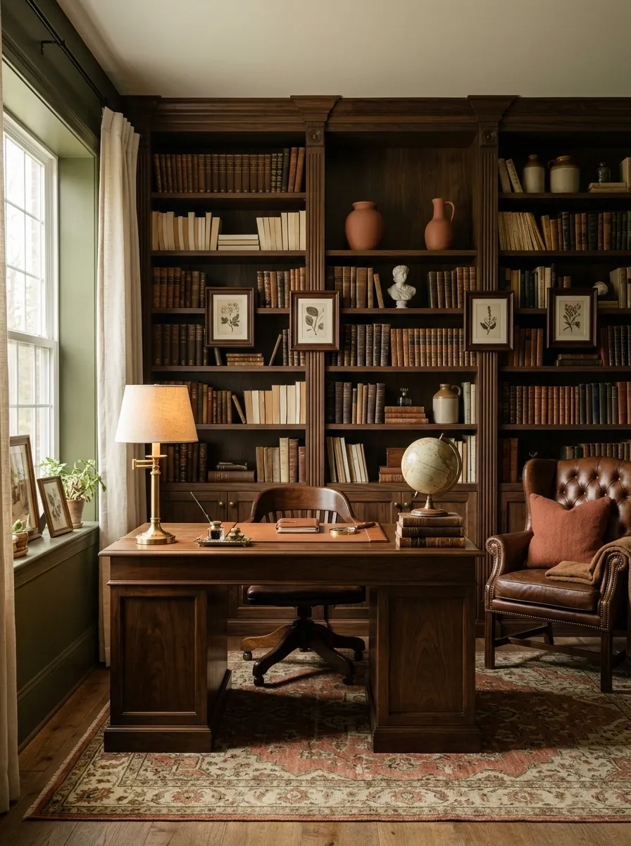 Dark Academia Office With Olive Walls and Terracotta Accents