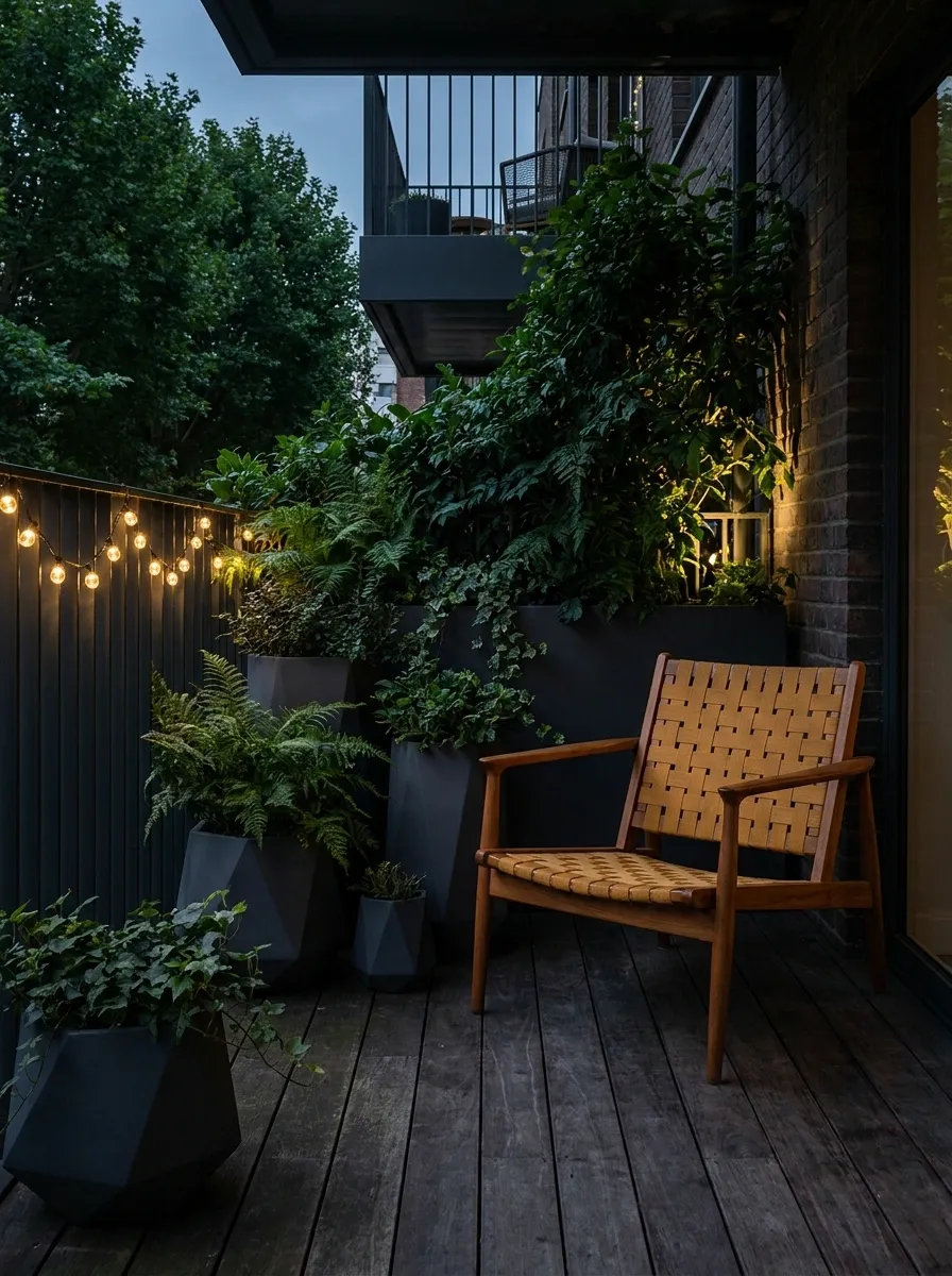 Dark Balcony With Deep Green Foliage and Charcoal Pots