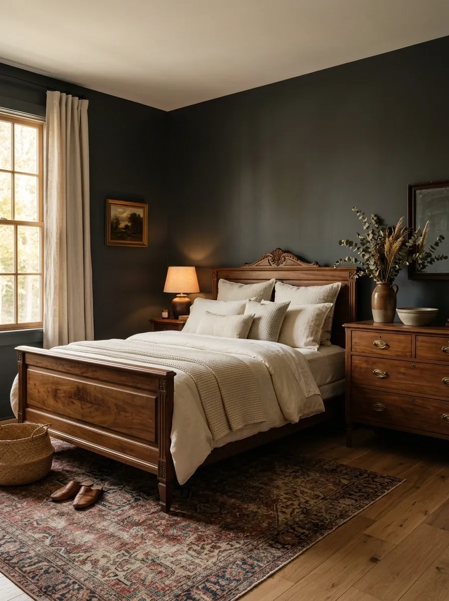 Dark Bedroom With Antique Walnut Furniture