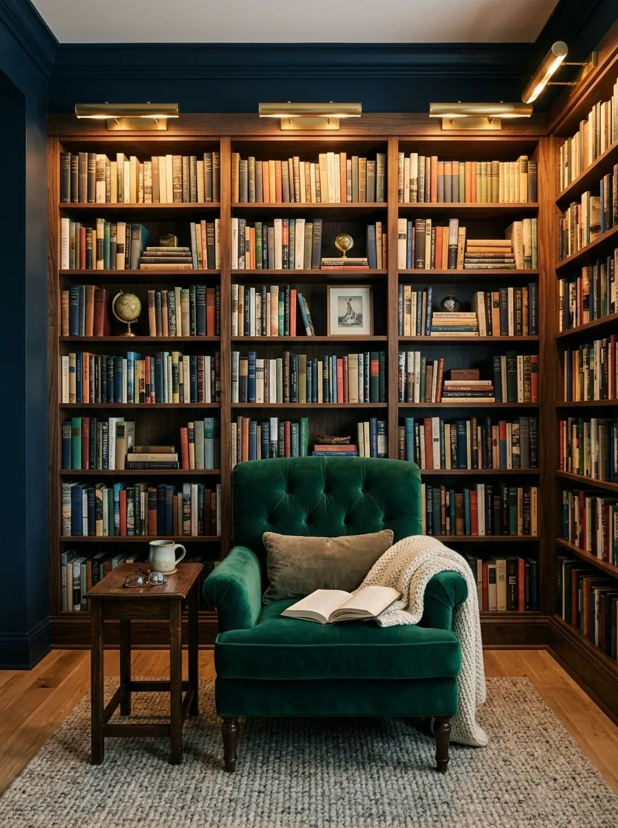 Dark Blue Library With Brass Picture Lights and Velvet Chair