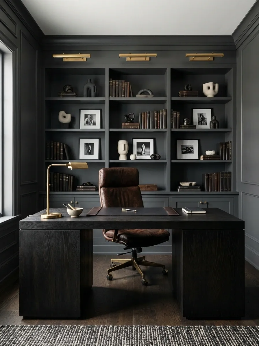 Dark Charcoal Office With Rich Wood and Brass