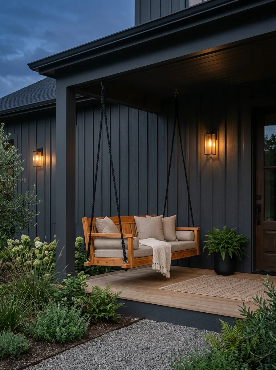Dark Charcoal Porch With Cedar Swing and Warm Lighting