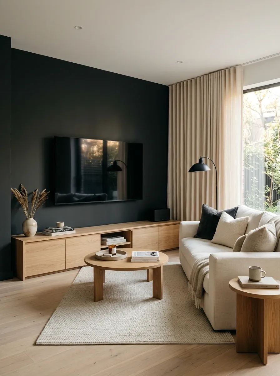 Dark Charcoal TV Wall With Light Neutral Seating