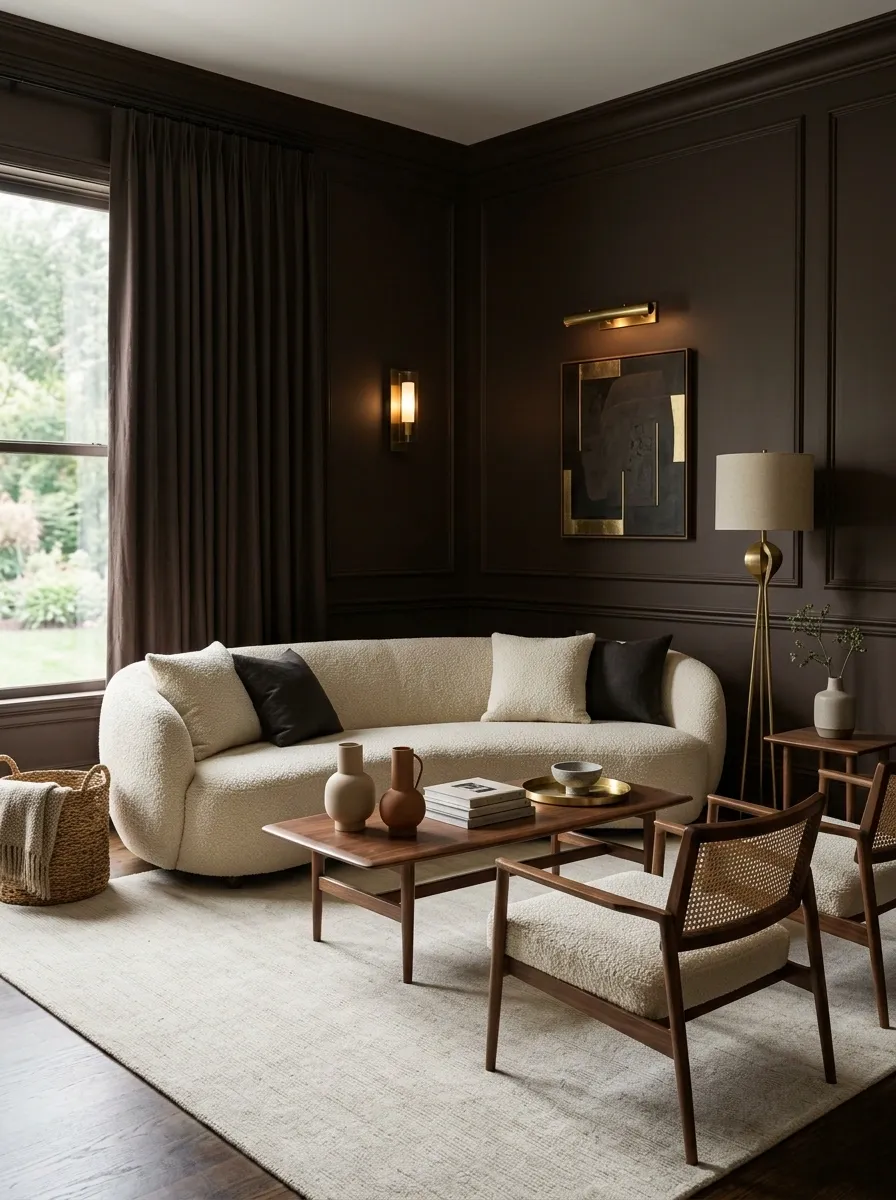 Dark Chocolate Living Room With Cream Bouclé and Brass