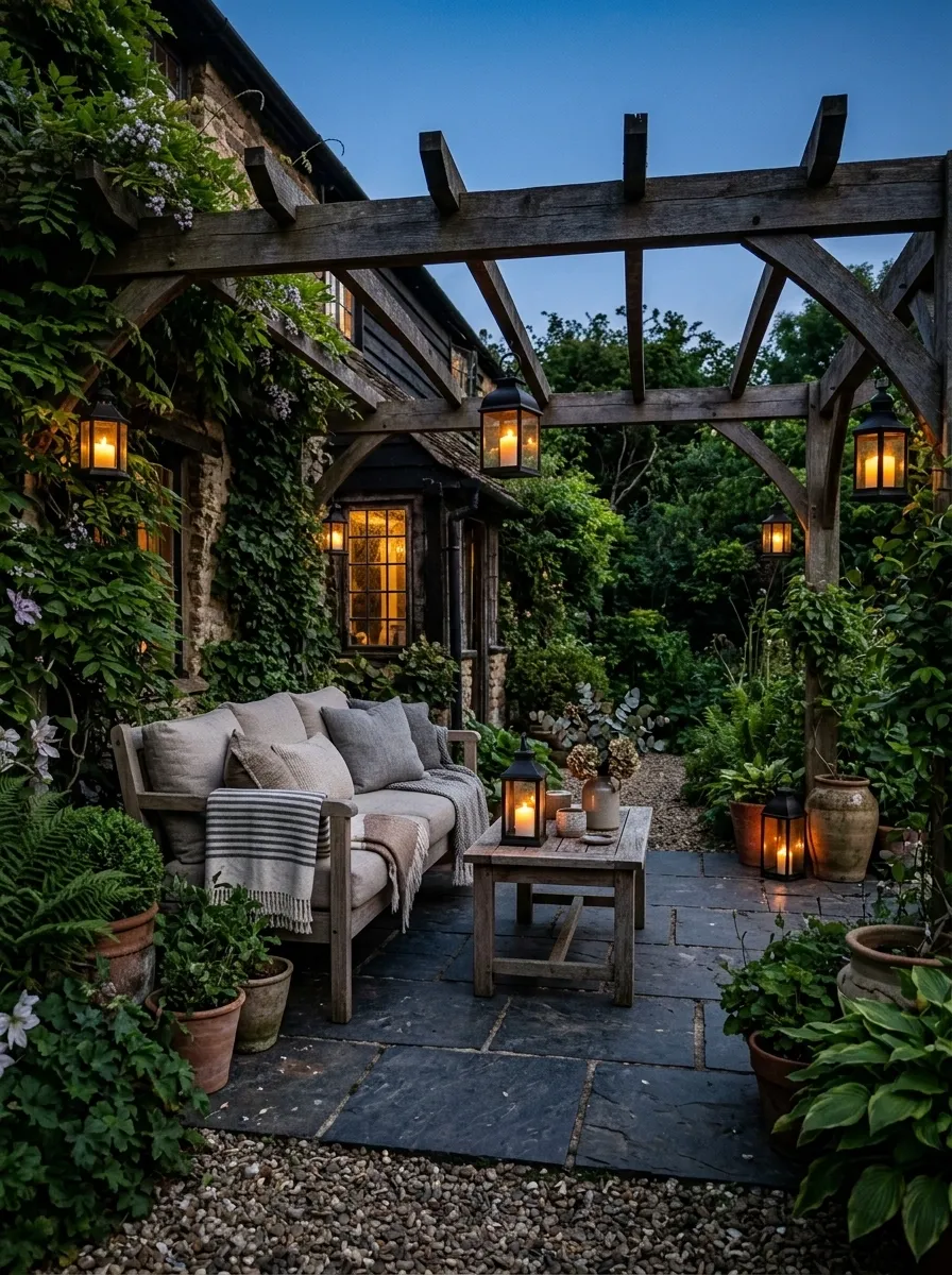 Dark Cottage Patio With Gravel Edges and Weathered Timber