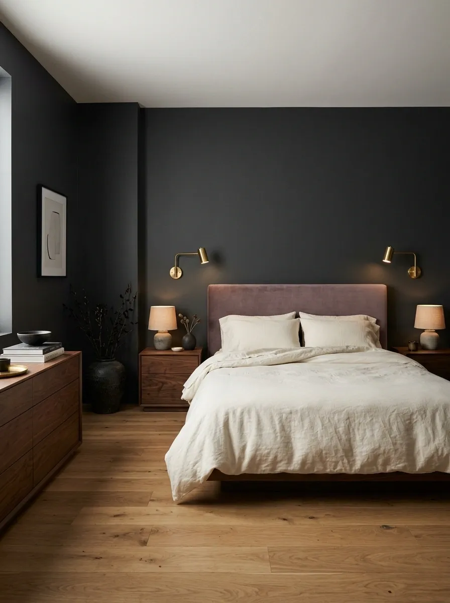 Dark Feminine Apartment With a Soft Mauve-and-Charcoal Bedroom Suite