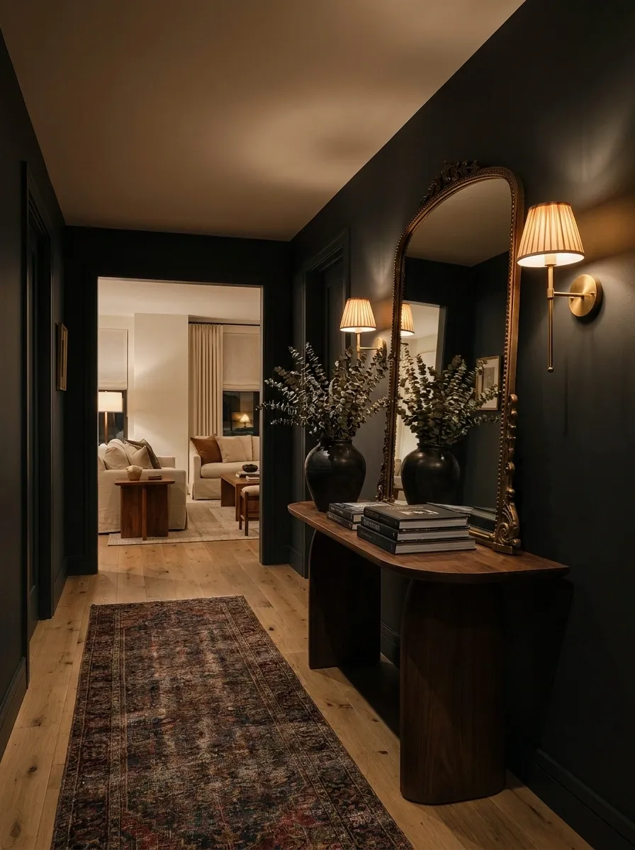 Dark Feminine Entry-Led Apartment With a Dramatic Hallway