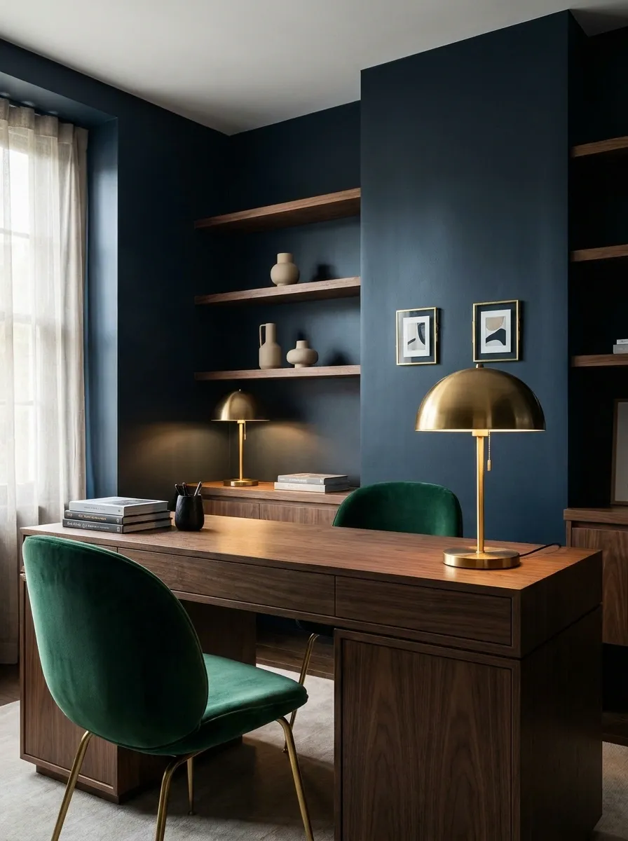 Dark Feminine Home Office With Walnut, Ink Blue, and Velvet