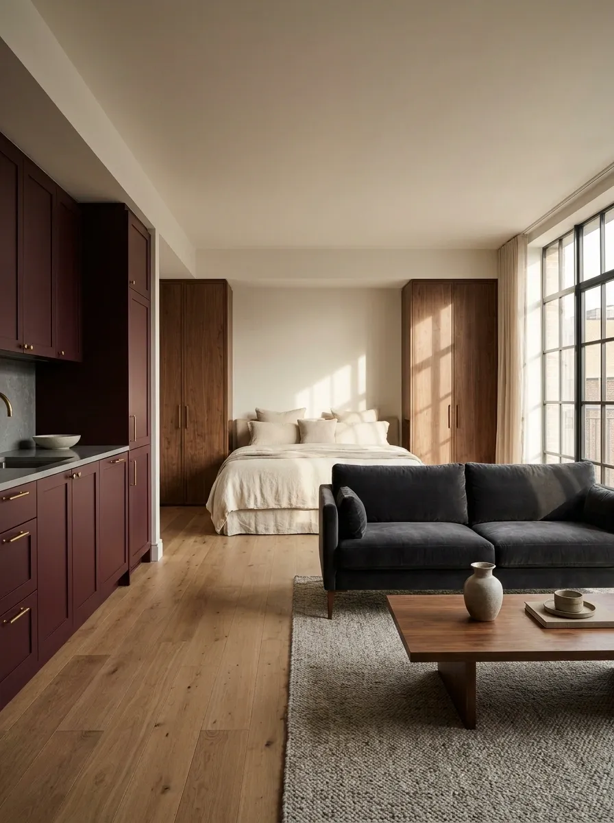 Dark Feminine Studio Apartment With a Burgundy Kitchenette