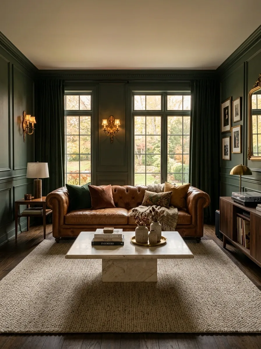 Dark Forest Green Living Room With Cognac and Marble