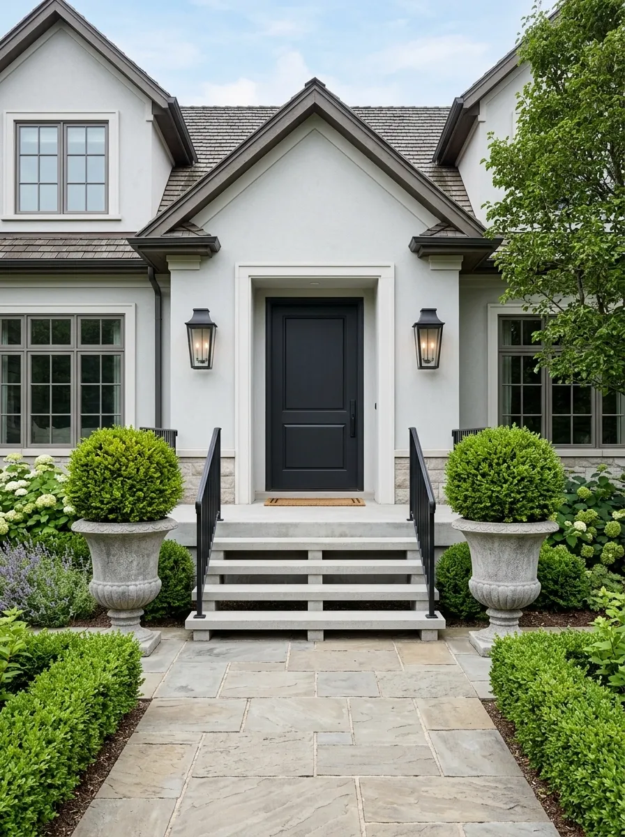 Dark Front Door Framed by Symmetrical Steps