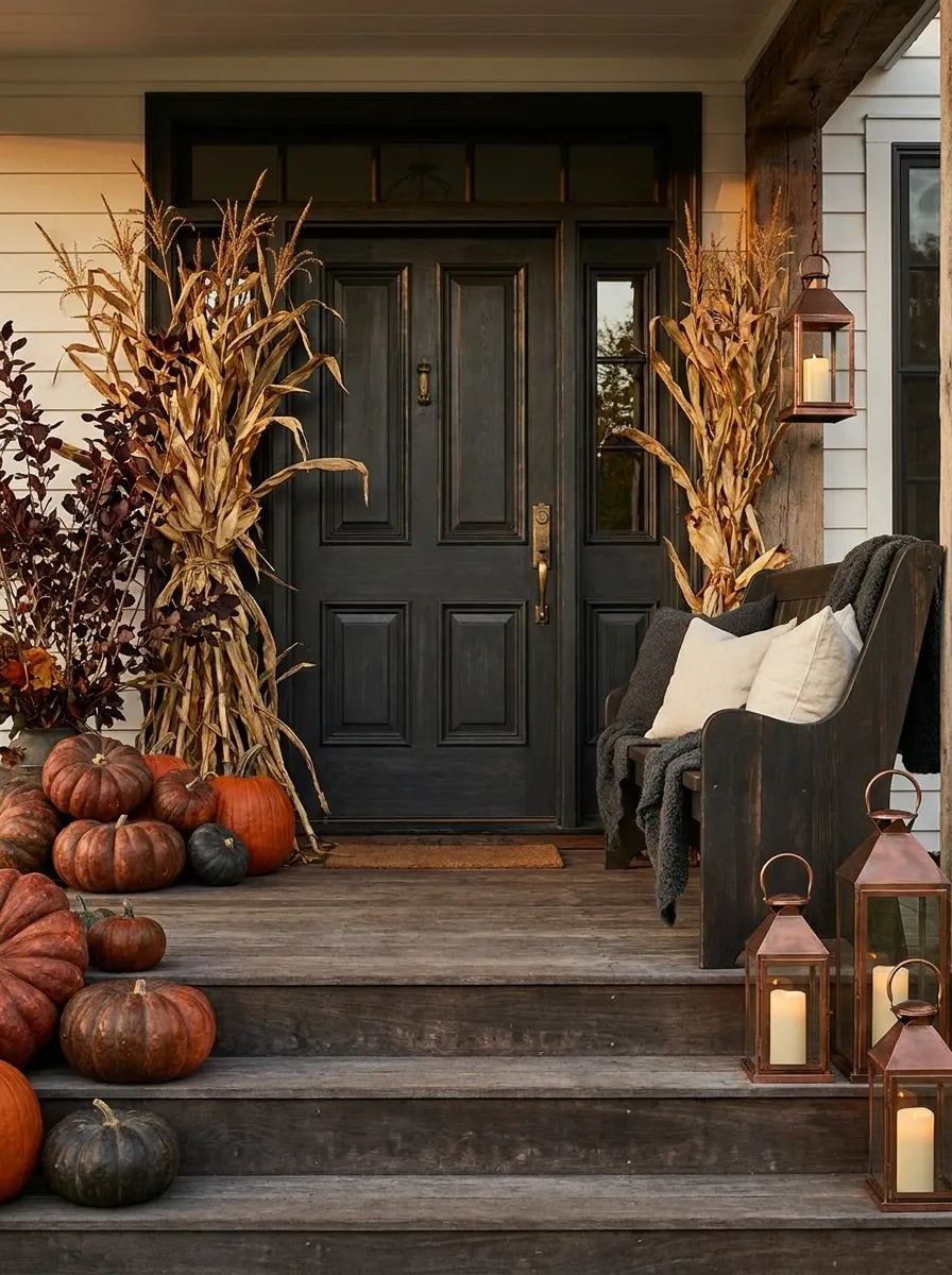Dark Front Door With Burgundy Corn Stalk and Copper Accents