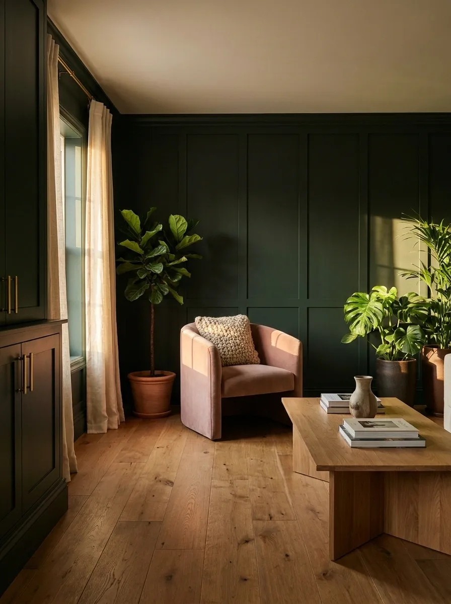 Dark Green Apartment With Blush Accents and Natural Wood