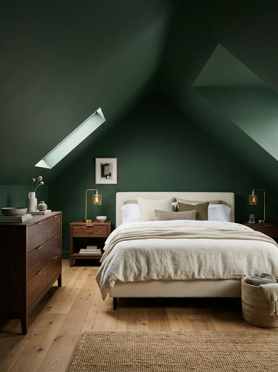 Dark Green Bedroom With Warm Brass and Walnut