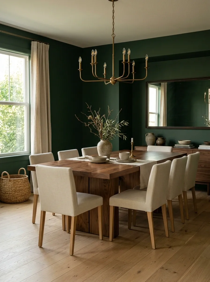 Dark Green Dining Room With Warm Walnut and Light Oak