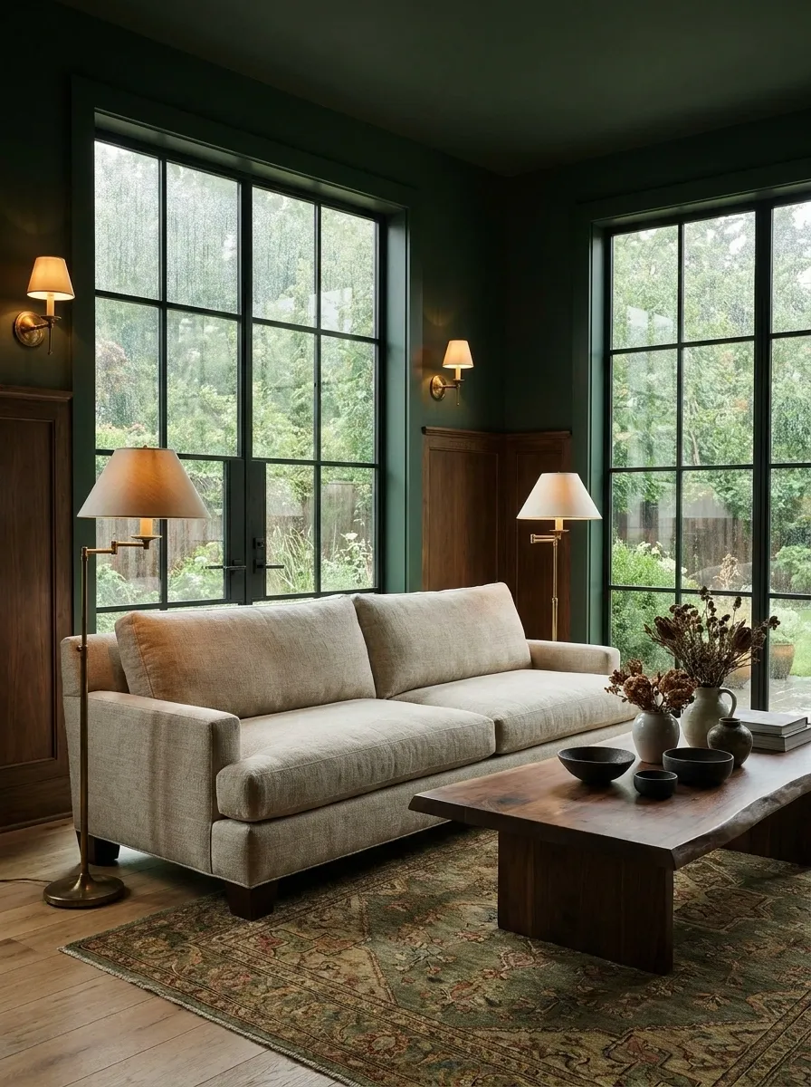 Dark Green Garden Room With Brass and Walnut