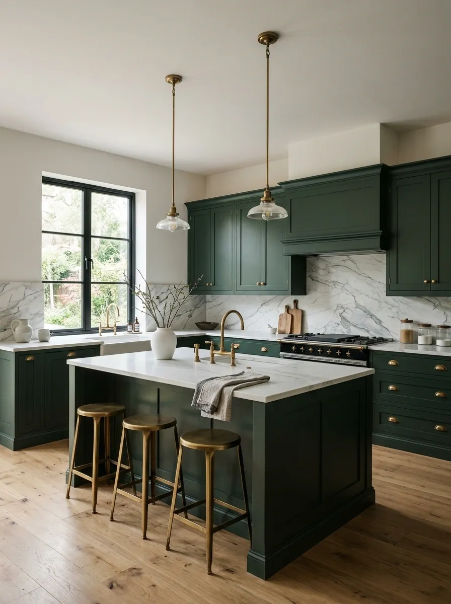 Dark Green Kitchen With Veined Marble and Aged Brass