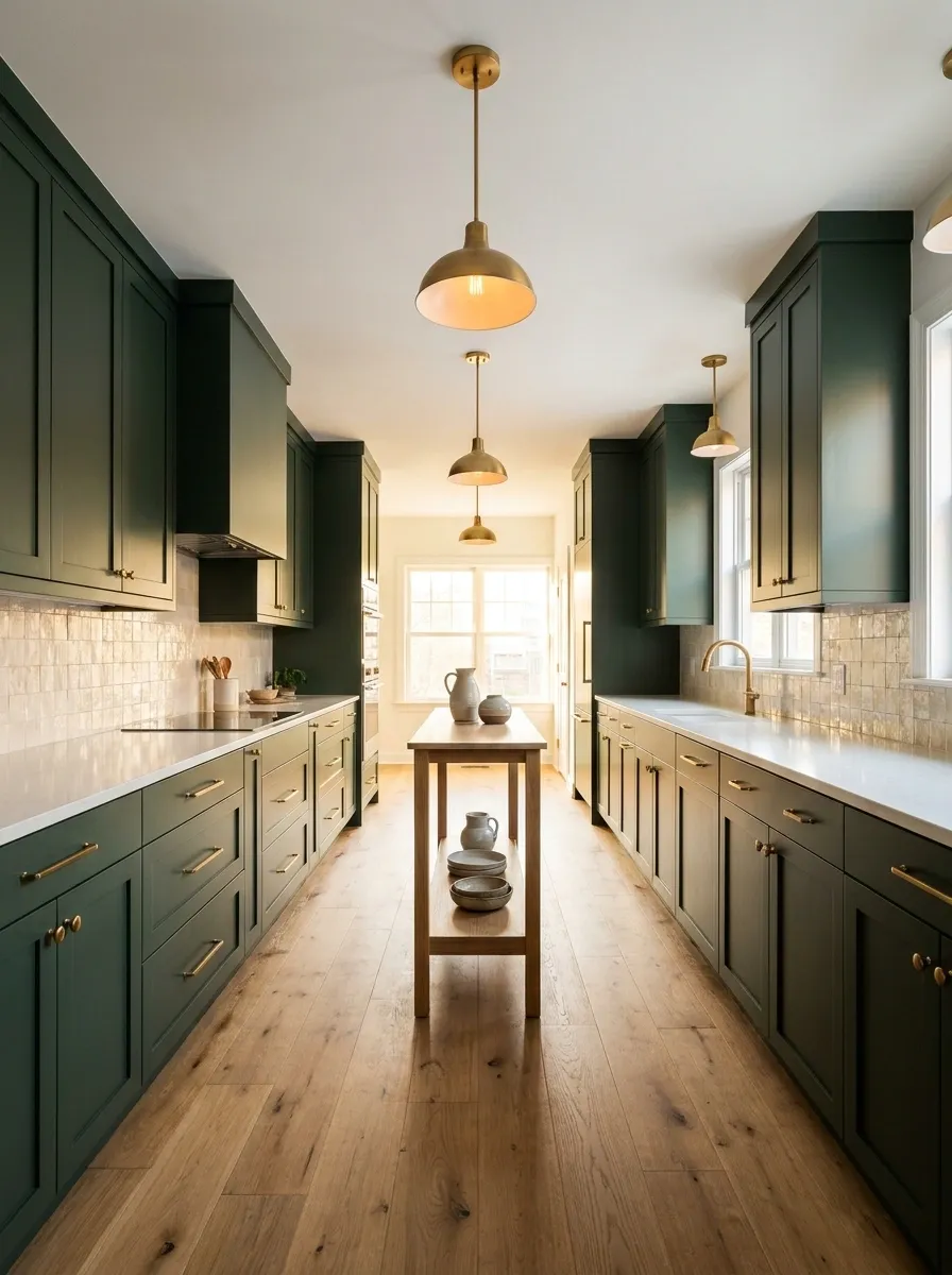 Dark Green Kitchen With Warm Brass and Natural Wood