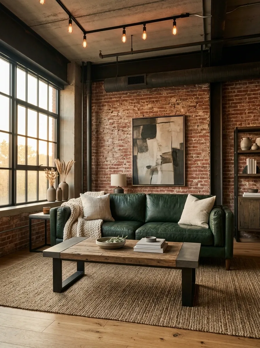 Dark Green Leather Sofa With Industrial Wood and Metal