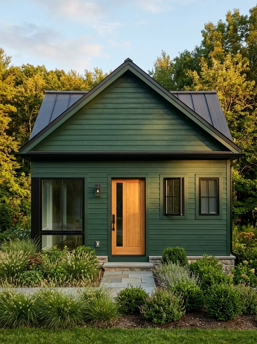 Dark Green Modern Cottage With Black Trim