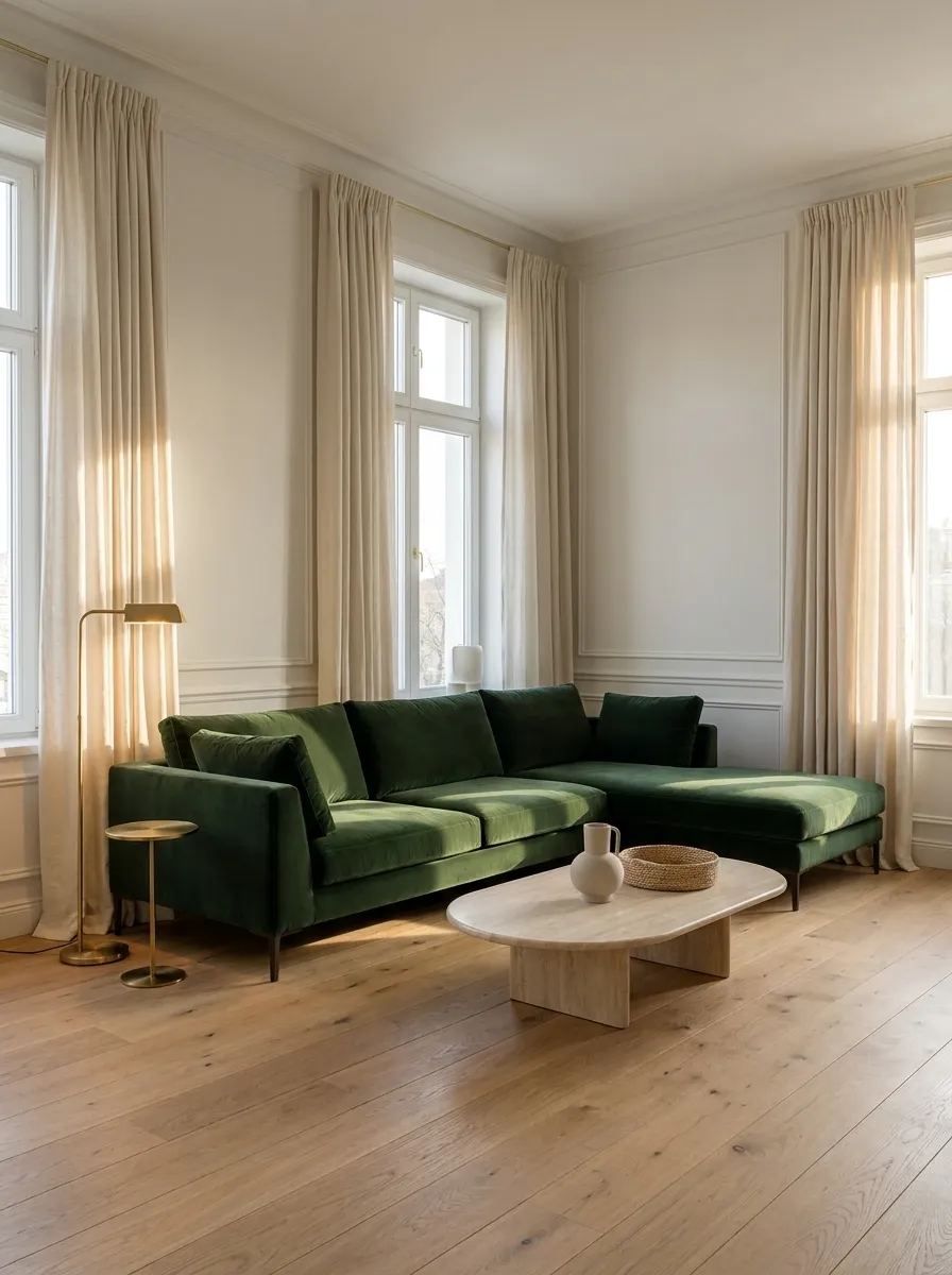 Dark Green Sectional With Soft Cream Curtains and Brass Details