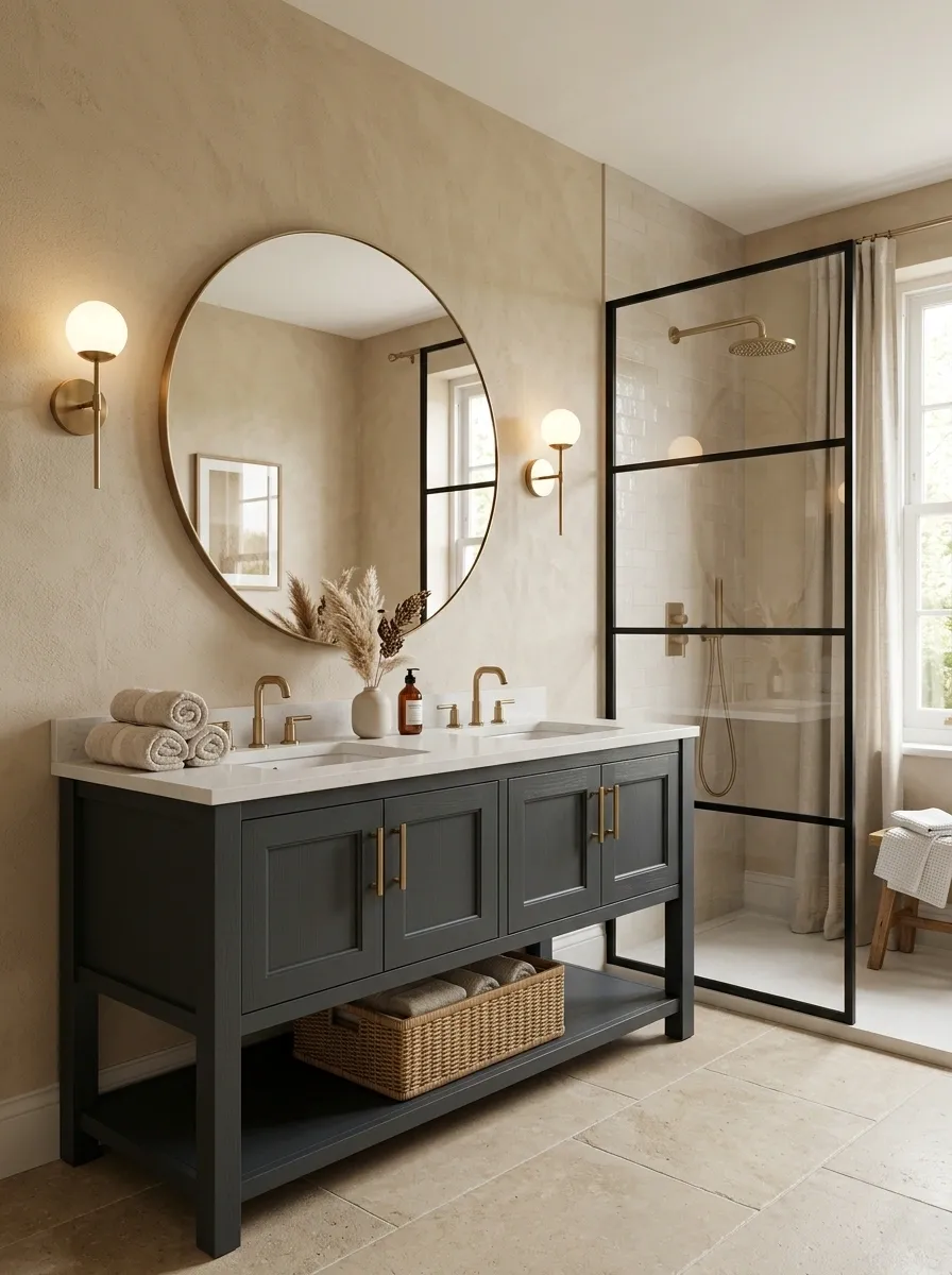Dark Grey Vanity Bathroom With Sandy Beige Walls