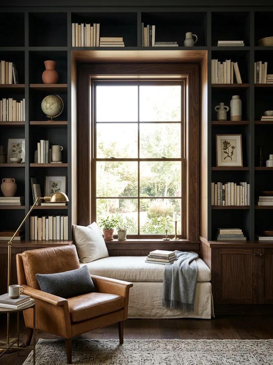 Dark Library Wall With a Window-Low Reading Bench