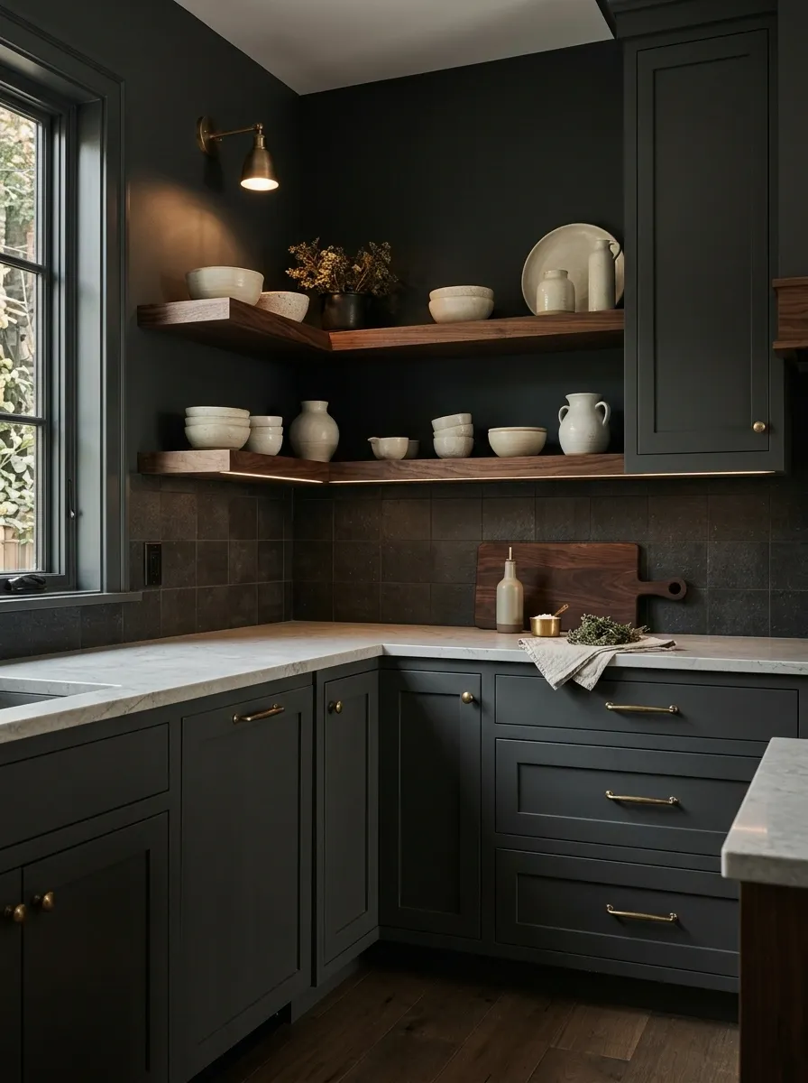 Dark Moody Corner With Walnut Shelving