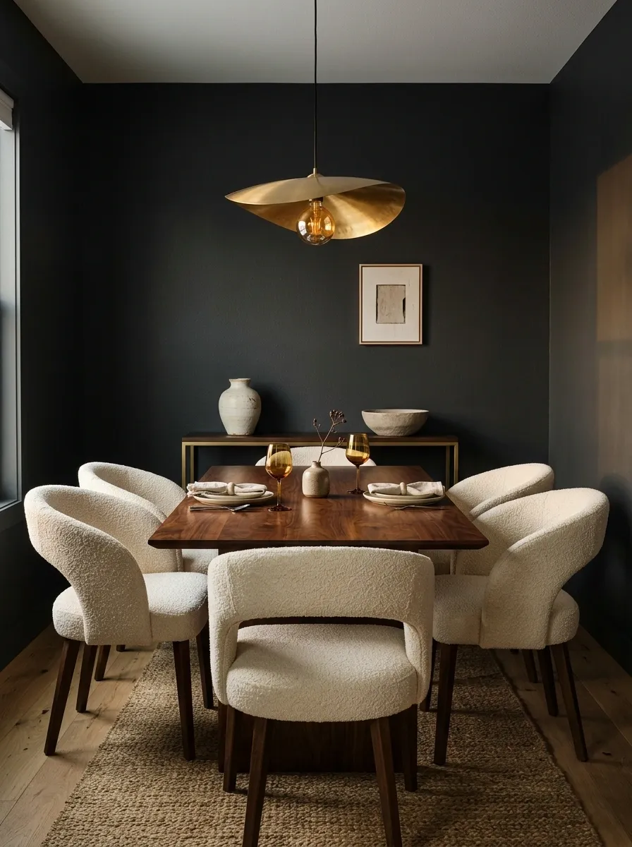 Dark Moody Dining Alcove With Walnut and Cream Upholstery