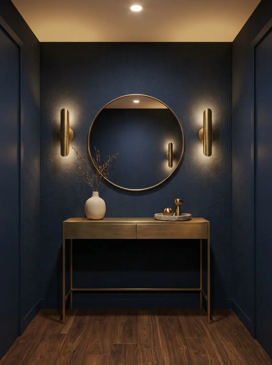 Dark Navy Wallpaper With Warm Brass Details