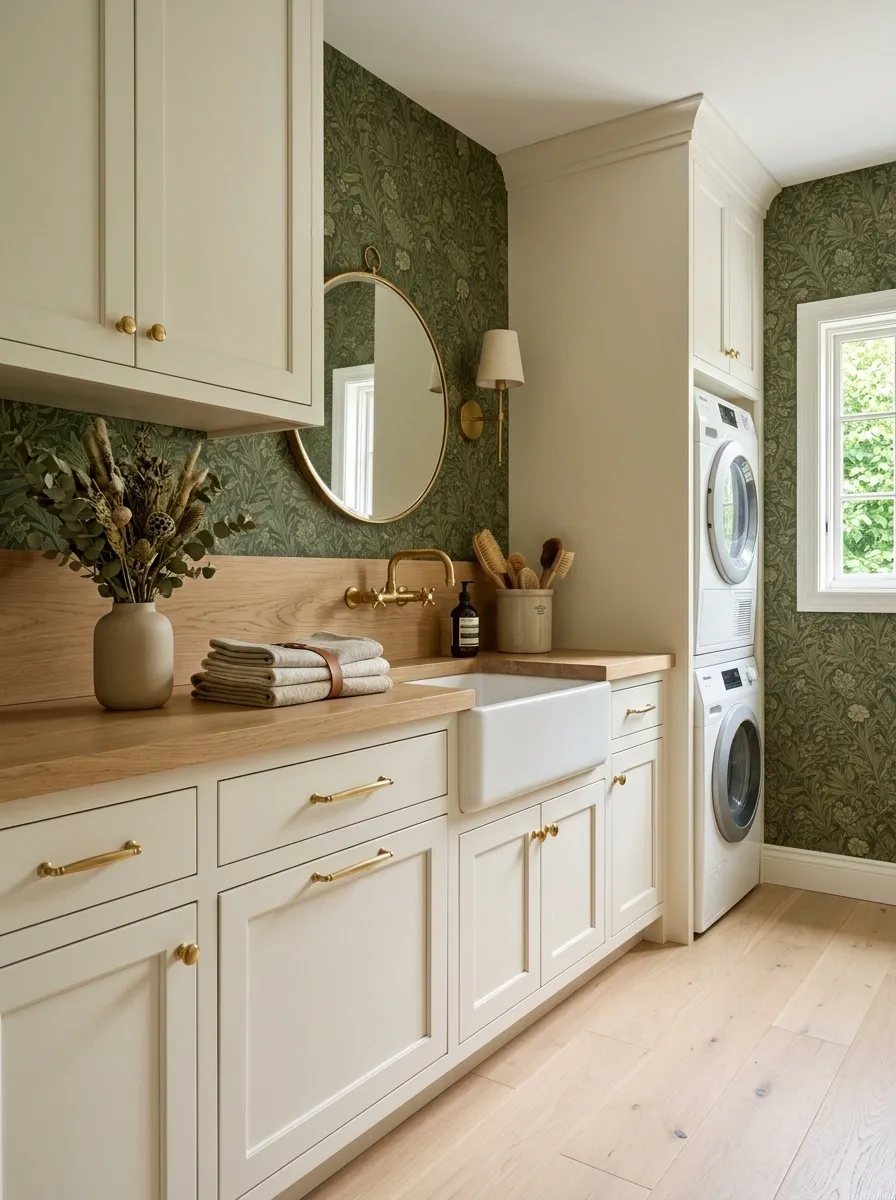 Dark Olive Wallpaper With Cream Cabinetry and Oak