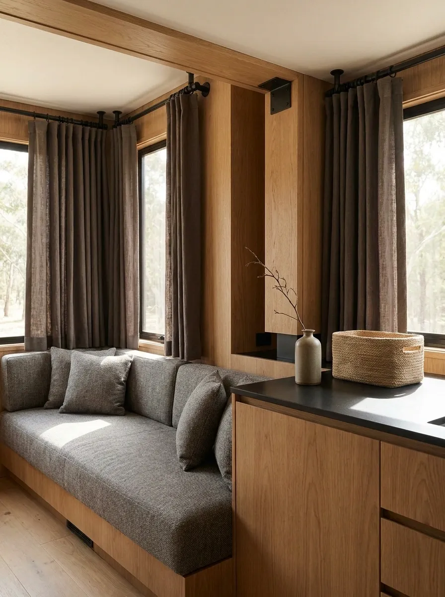 Dark Taupe Curtains With Black RV Fixtures